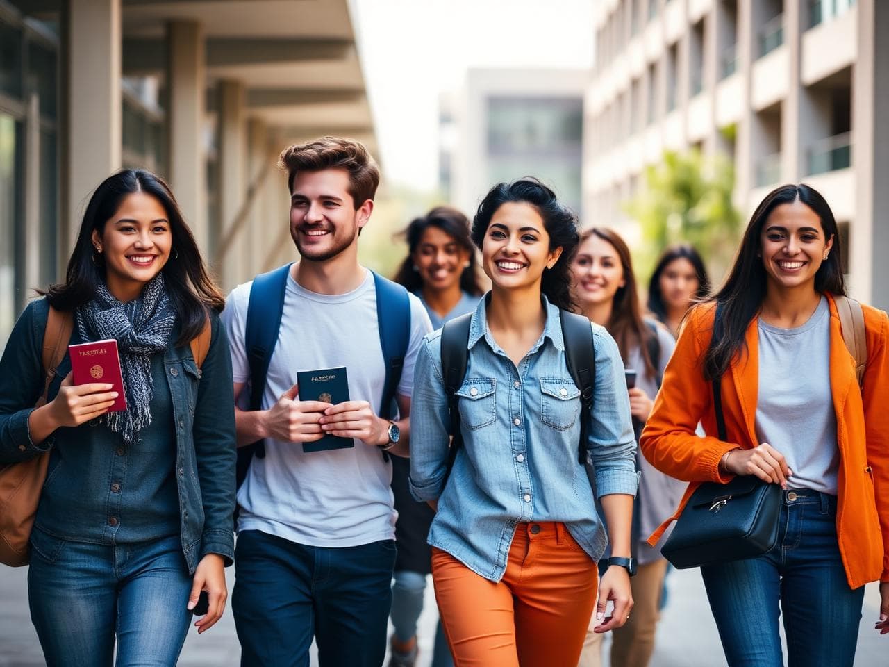 International students walking together on a university campus with passports and backpacks