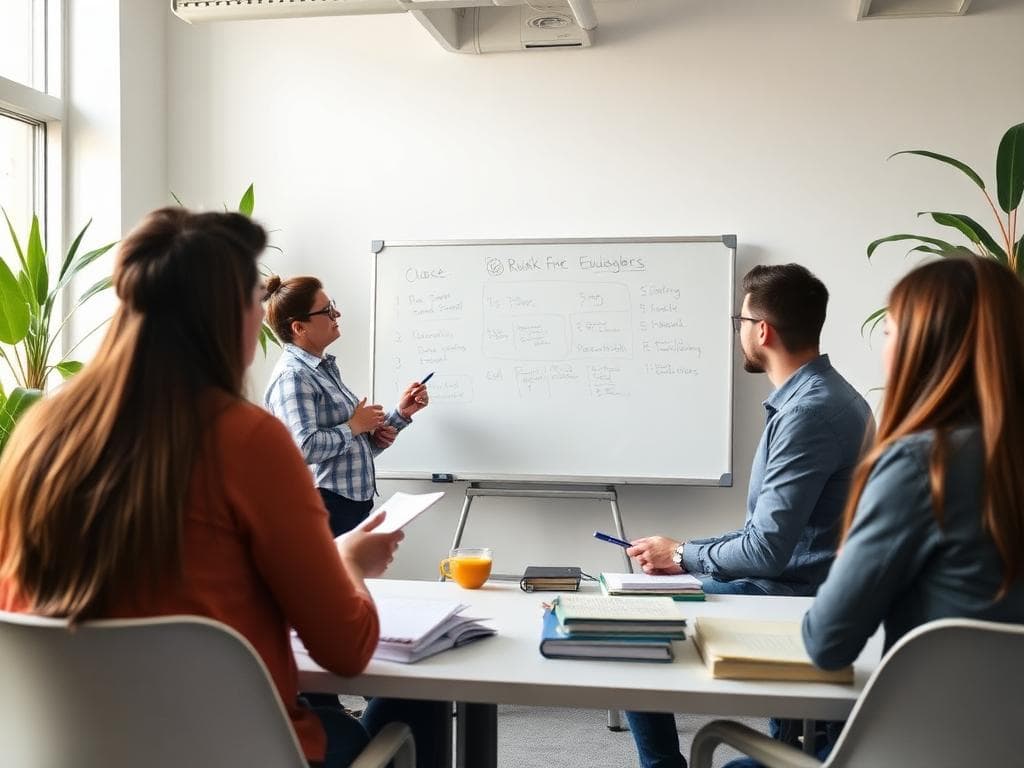 A training workshop with a presenter at a whiteboard