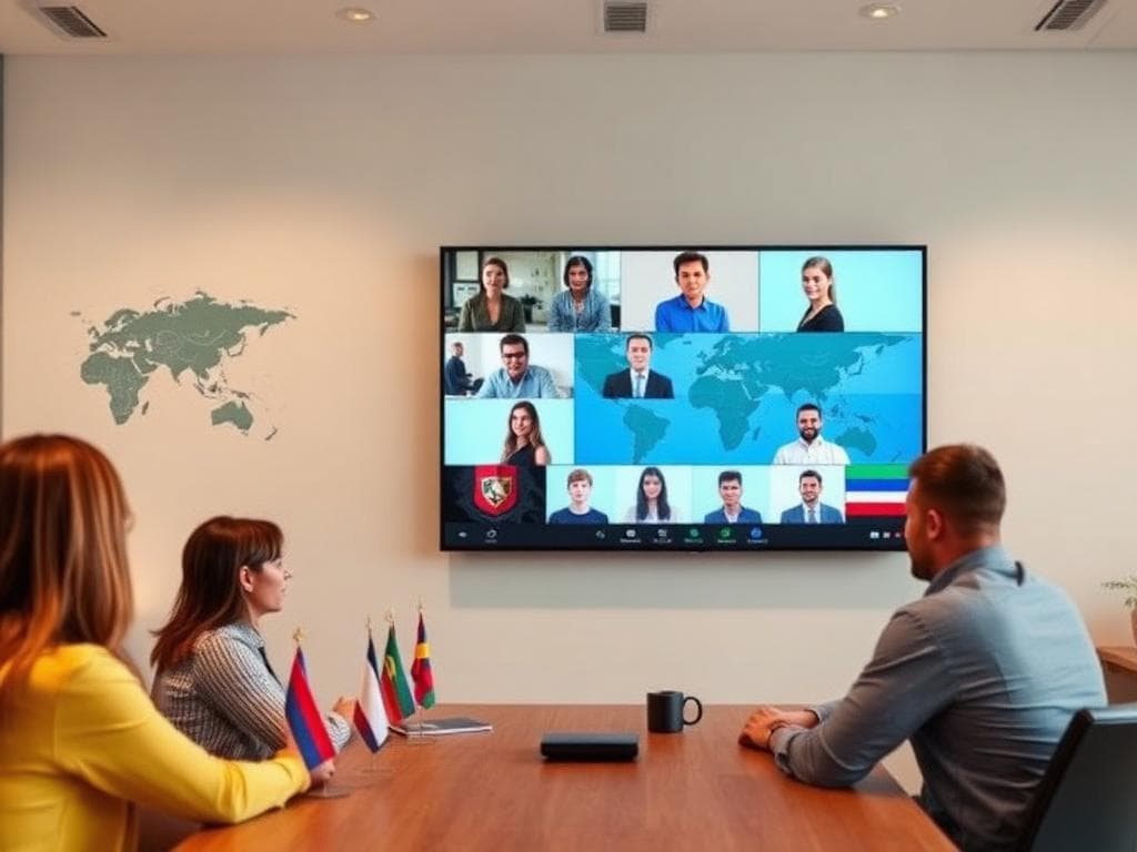 A video call connecting the team with international university partners